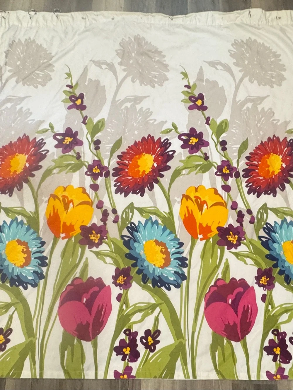 Bright Floral Print Cotton Blend Shower Curtain w/ Cloth Liner & Hooks
